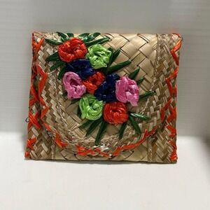 Floral Woven sraw clutch with colorful flowers